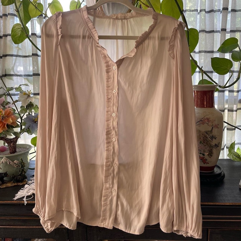 Grade & Gather light beige sheer button down blouse